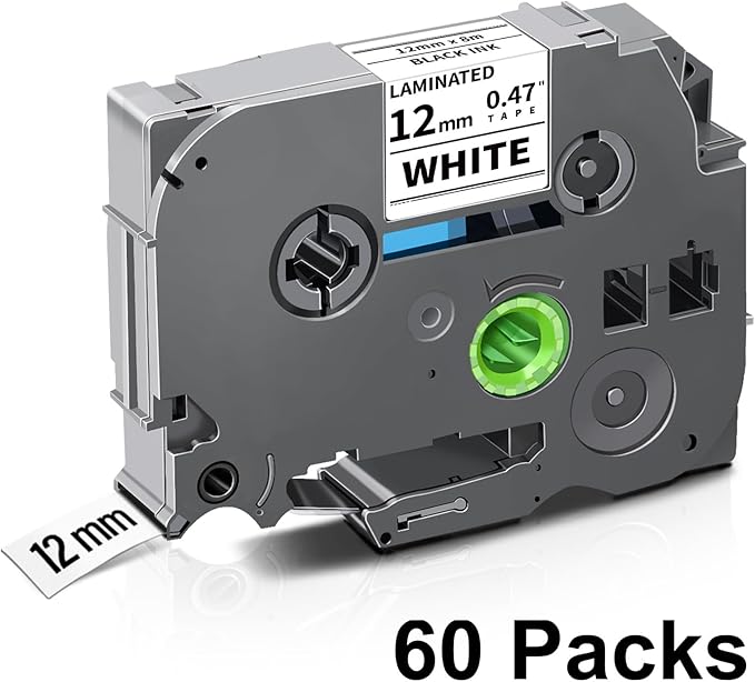 Unismar Tze 12mm 0.47 Laminated White Tape Compatible for Brother Label Maker Tape Work for Ptouch PT-D220 PTD210 PTH110 PTH100 PTD600 PTD200, Black on White 1/2'' x 26.2', 60 Pack