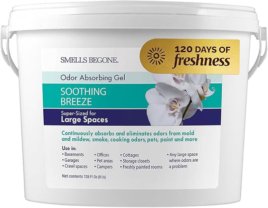 SMELLS BEGONE 1-Gallon Gel Odor Eliminator – High-Capacity, Long-Lasting Absorber for Large Basements, Garages, Workshops & Commercial Areas – Removes Tough Odors with Essential Oils (Soothing Breeze)