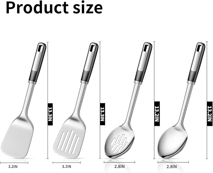 4-Piece Stainless Steel Utensils Set, Heavy-Duty Thickened Cooking Utensils – Solid & Slotted Turner, Solid & Slotted Spoon, Metal Spatula Set for Kitchen, Durable Steel Utensils for Cooking