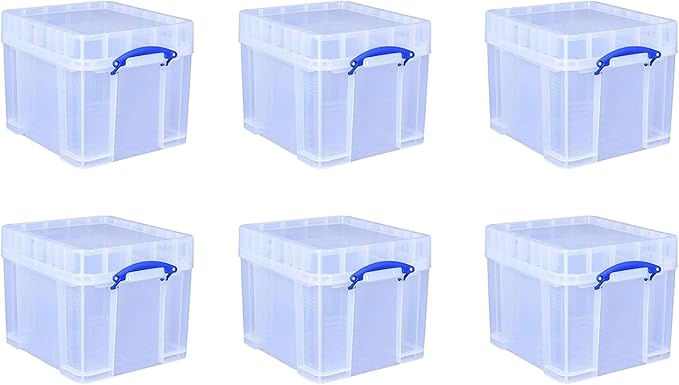 Really Useful Box 35 Liters Transparent Storage Container with Snap Lid and Clip Lock Handle for Lidded Home and Item Storage Bin, 6 Pack