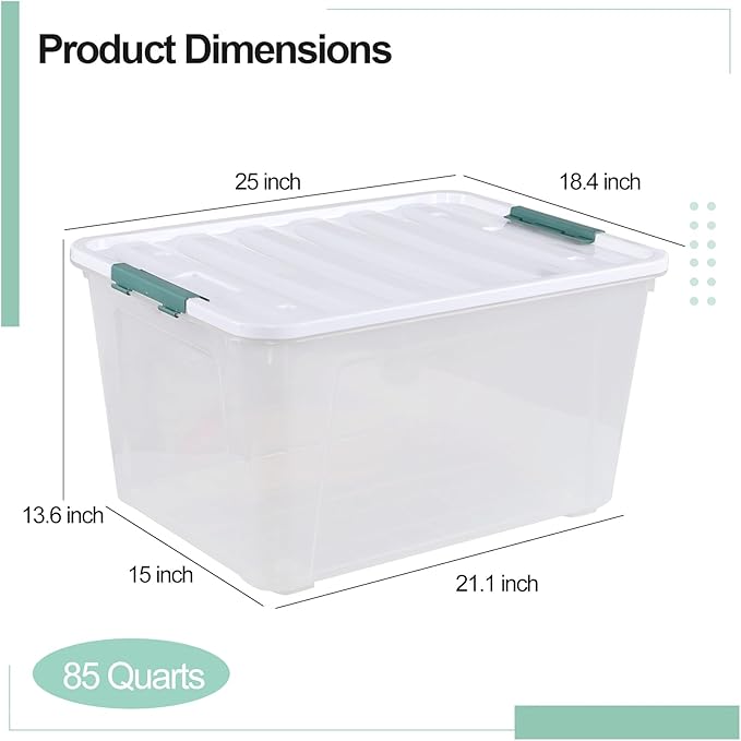 85 Quart Plastic Storage Bin with Wheels, Extra Large Clear Latching Container Box, 4 Pack