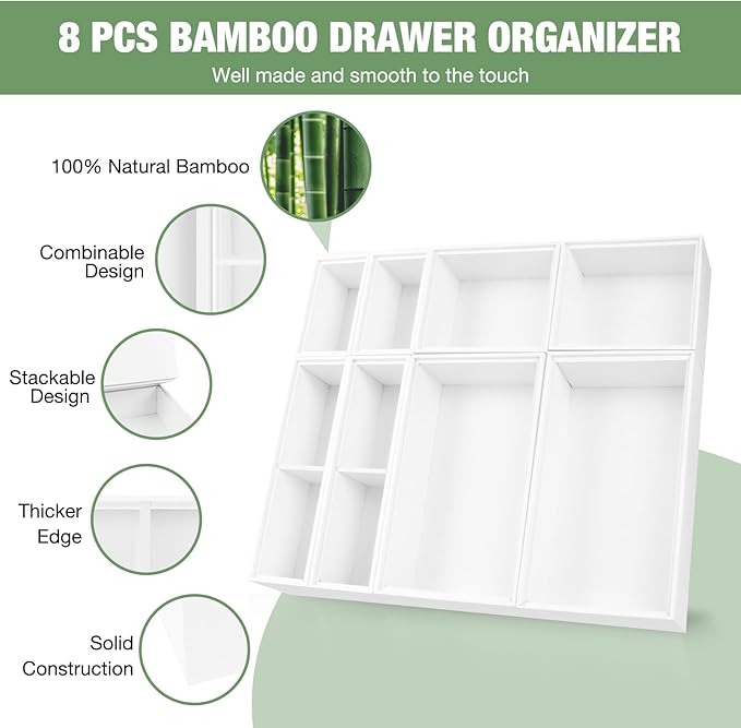 Bxngjuj Bamboo Drawer Organizer Set, 8 PCS Multi-Use Wood Drawer Storage Boxes, Junk Drawer Organizer Divider Bins for Kitchen, Bathroom, Office Desk, Makeup, Jewelry, Utensils