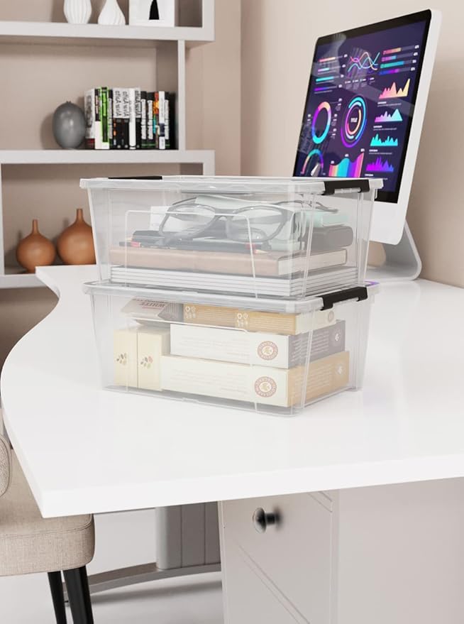 WYT 12 Pack Small 5-Quart Clear Plastic Storage Bins with Lids and Latch Buckles, Storage Organizer Container with Handle