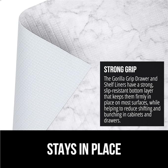 GORILLA GRIP DripGuard Shelf Liner, Non Adhesive Drawer and Kitchen Cabinet Protector, Slip Resistant BPA Free Smooth Surface Plastic Liners for Cabinets, Bathrooms, Closets, 17.5x240 Inch, Marble