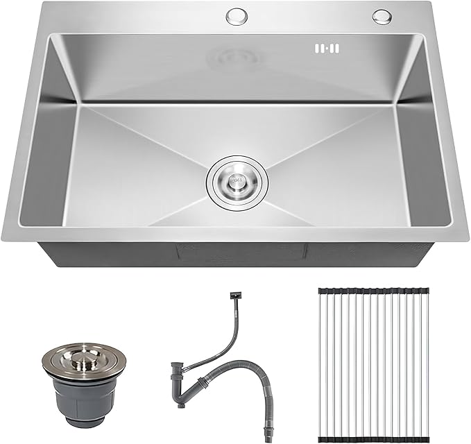 33x22 Inch Topmount or Drop In Kitchen Sink Worktation 16 Gauge Stainless Steel Single Bowl Kitchen Sink with Drainpipe, Silver
