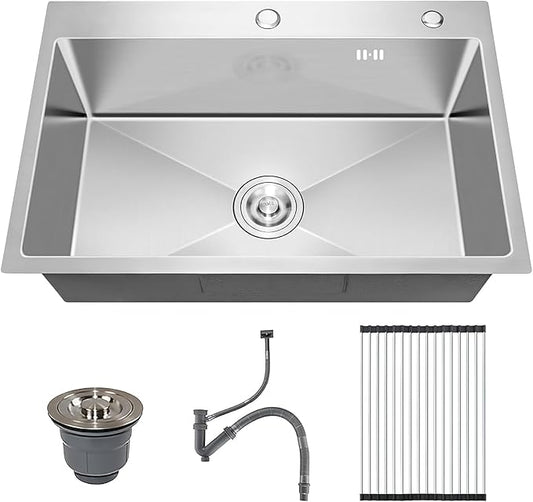 33x22 Inch Topmount or Drop In Kitchen Sink Worktation 16 Gauge Stainless Steel Single Bowl Kitchen Sink with Drainpipe, Silver