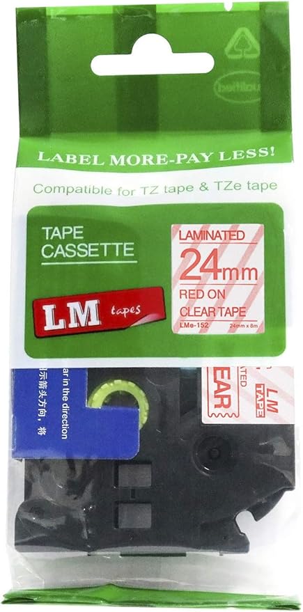 1/Pack LM Tapes - LMe152 Premium 1" Red Print on Clear Label Compatible with Brother TZe-152 P-Touch and Includes Tape Color/Size Guide. Replaces TZ-152 24mm 0.94 Laminated Ptouch.