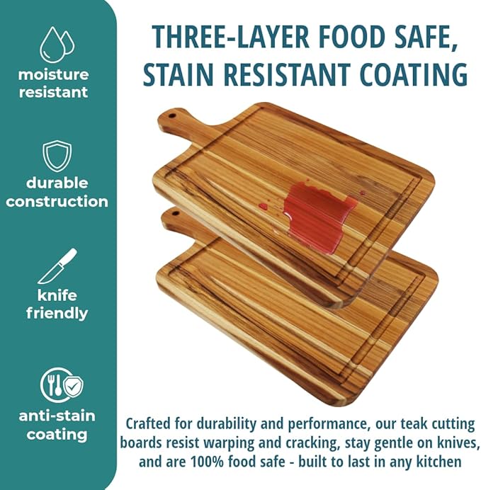 EcoDecors 17"x10" Teak Cutting Board with Handle & Juice Groove, FSC Certified Edge Grain Wood, Rectangle Prep & Serving Board for Kitchen