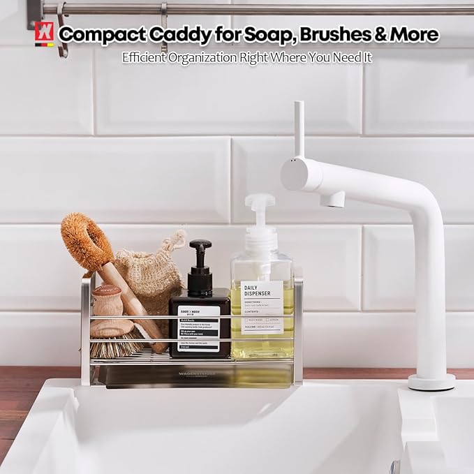 Stainless Steel Over Sink Organizer Rack, Sponge Holder, Soap Dispenser, Fast Drainage Kitchen Caddy with Removable Drainer Tray, Washbasin Caddy, Sink Drying Rack with Sloped Design