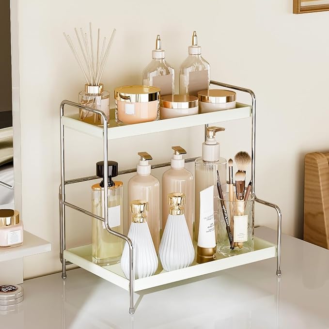 SanDream Foldable 2-Tier Bathroom Organizer Countertop & Vanity Shelf, Durable All-Iron Sink Organizer with Elegant White Finish, Space-Saving for Makeup, Skincare, Kitchen Storage
