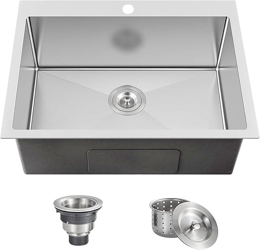 25x18 Inch Kitchen Sink Drop In, Topmount Kitchen Sink Stainless Steel Square Small Sinks, Single Bowl Kitchen Sinks For Laundry RV Office Outdoor Yard, VALYJ2518S