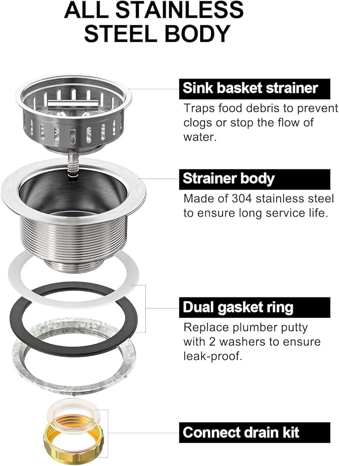 BOTEMY B9171 Kitchen Sink Drain 3 1/2 Inch Kitchen Sink Drain Strainer Assmebly Kit Stainless Steel Sink Strainer Basket/Drain Stopper for 3.5'' Standard American Drain Hole (Brushed)