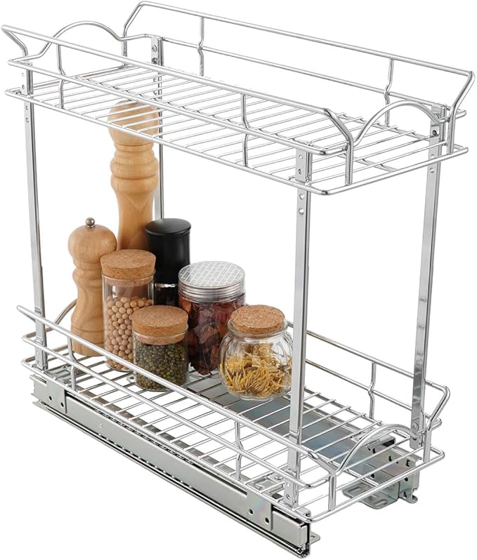 OCG Slide Out Cabinet Organizer for Narrow Cabinet (9" W X 21" D), 2 Tier Pull Out Shelves Slim Sliding Cabinet Organizer and Storage, Chrome
