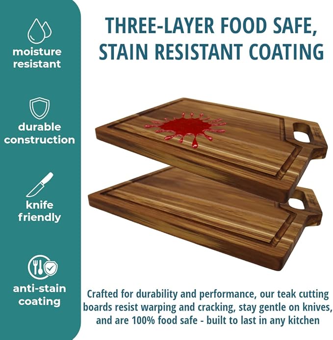 EcoDecors 14"x10" Teak Cutting Board with Juice Groove & Handle, FSC Certified Edge Grain Wood, Chopping, Carving & Serving Board for Kitchen