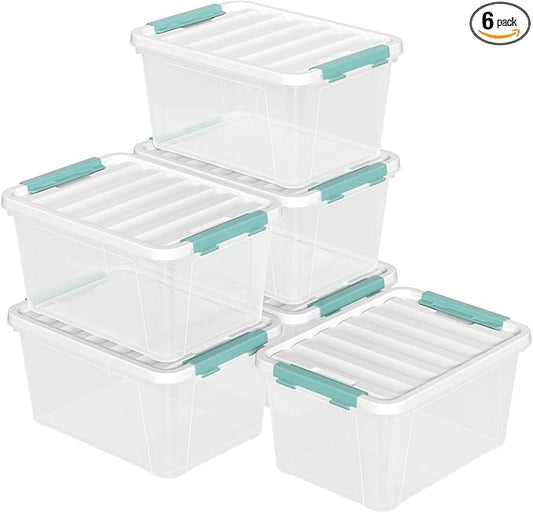 Begale 6-Pack 20 L Plastic Storage Bins with White Lids, Clear Storage Box with Handle