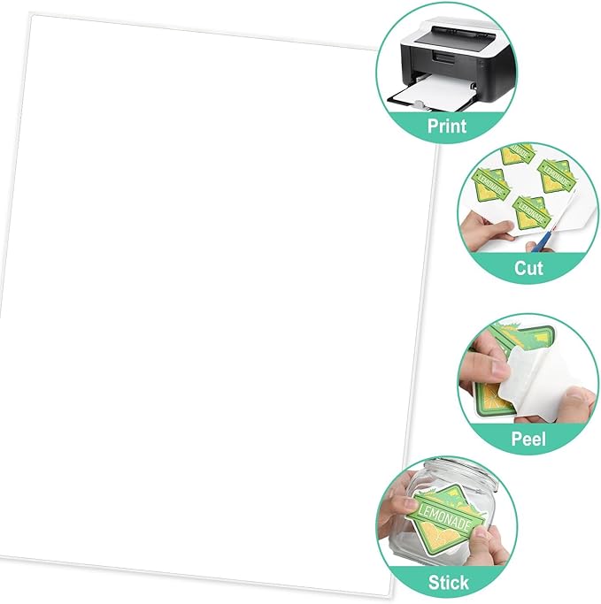 L LIKED 8.5x11 Printable White Sticker Paper Full Sheet Label, Matte, for Laser & Inkjet Printing (100 Sheets)
