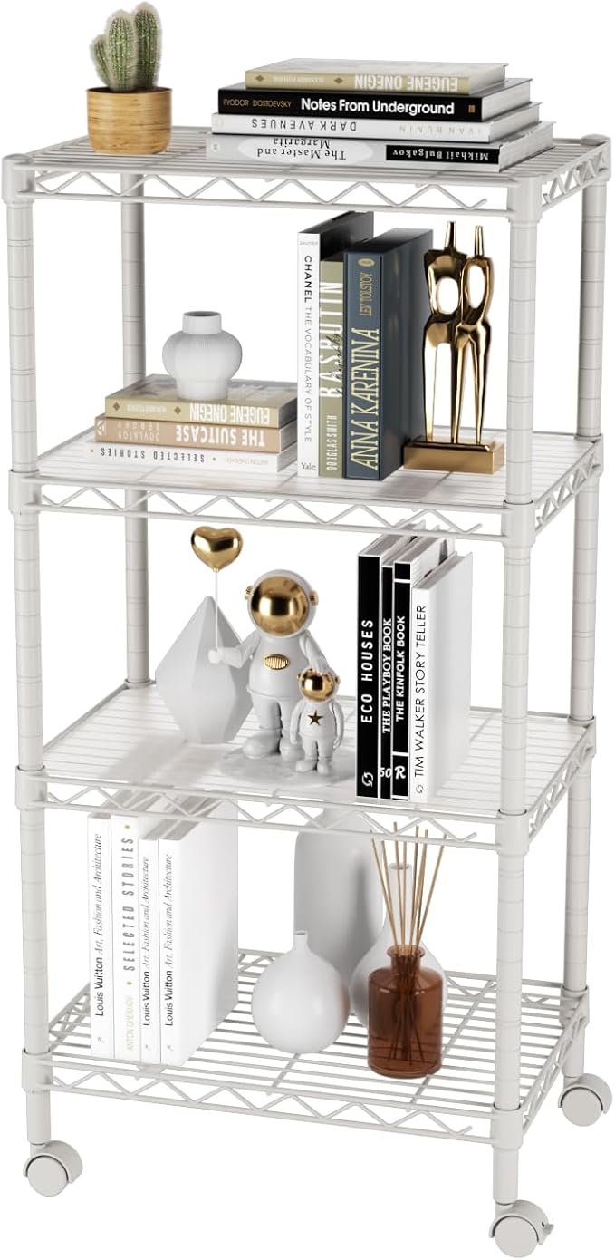 SINGAYE 4 Small Shelves Storage Shelf Wire Shelving Unit Metal Shelf Adjustable Organizers Storage Shelving with Wheels for Bathroom Laundry Room Kitchen Pantry11.5”D x 17.5”W x 30.5”H White