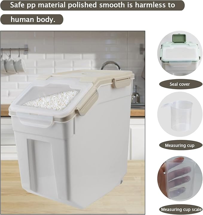 AnRui Airtight Rice Storage Container 30LBS, Large Flour Storage Containers BPA Free Kitchen Pantry Food Storage Bin Sugar Snack Cereal Grain Organizer Box with Wheel, Scoop, 4Pack, Grey