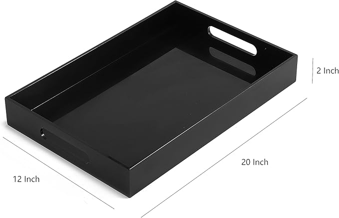 BEYLANG Glossy Black Sturdy Acrylic Serving Tray with Handles-12x20Inch-Serving Coffee,Appetizer,Breakfast,Butler-Kitchen Countertop Tray-Makeup Drawer Organizer-Vanity Table,Ottoman Tray-Decorative