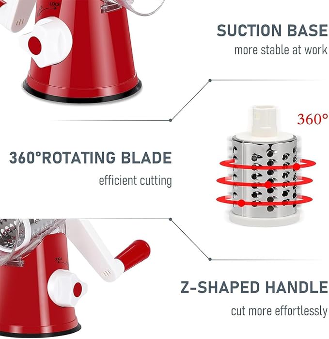 Maxceysen Rotary Cheese Grater with Handle Vegetable Shredder Round Kitchen Slicer Mandoline Grater for Vegetable, Nuts, Chocolate, Cheese, White, 3 Stainless Steel Blades