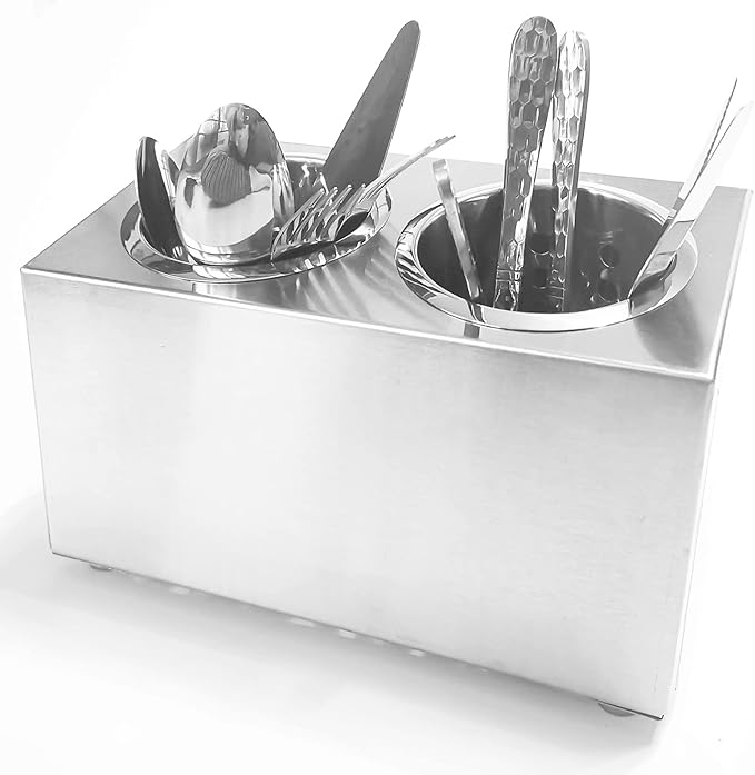 overstockedkitchen Flatware Organizers Stainless Steel Cylinder Flatware Silverware Utensil Holder Organizer Caddy (2 holes)
