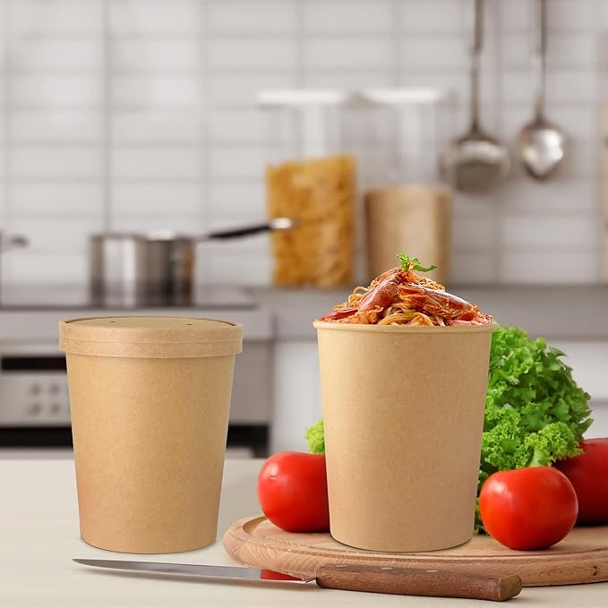 Belinlen 30 Sets 32 oz Paper Ice Cream Cups with Lids, Paper Food Containers With Vented Lids, To Go Hot Soup Bowls For Restaurants, Take Outs, or To-Go Lunch, Kraft