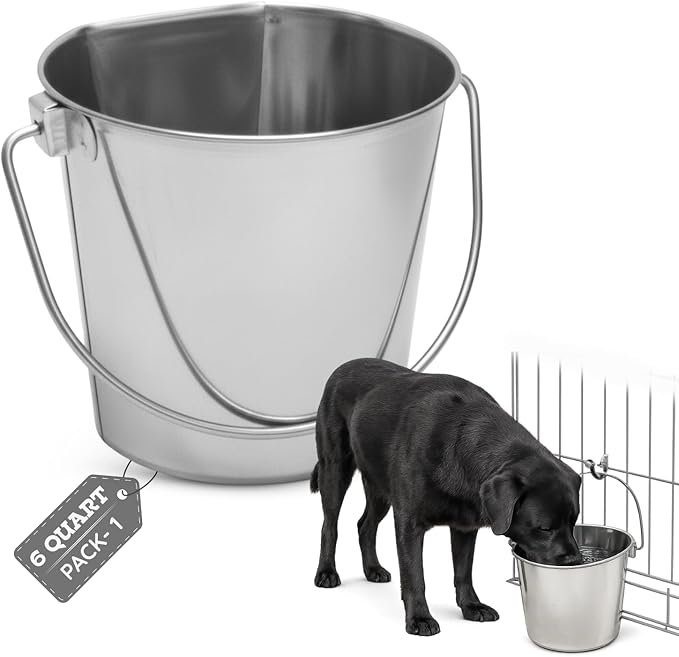 6 Quart Stainless Steel Flat Side Bucket | Durable Heavy Duty Food & Water Feeding Pails for Dog Cat Goat Sheep | Fits kennels Cages Critter Crates Hanging Pet Pail | Multipurpose Buckets