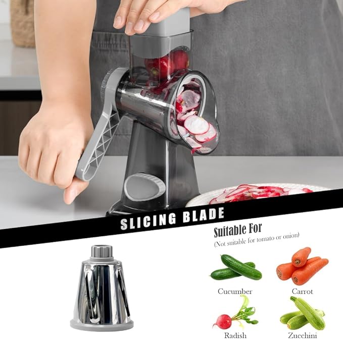 Badelite Cheese Grater Hand Crank Rotating Cheese Shredder Stainless Steel Vegetable Slicer Grater for Kitchen 3 Blades for Cheese, Carrot, Cucumber, Nuts, Chocolate, Dark Grey