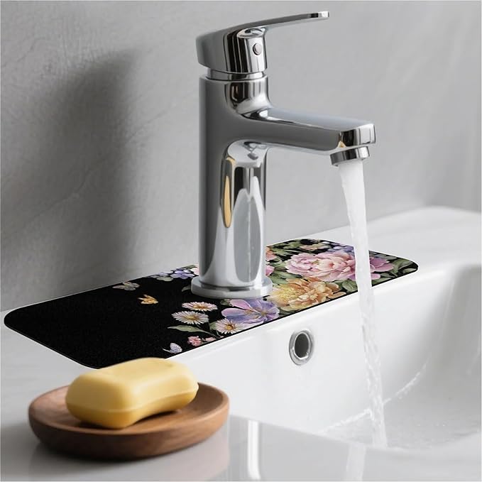 Kitchen Sink Splash Guard，Beautiful watercolor flowers Faucet Mat Sink Gadgets-Super Absorbent Fast Drying Mat Drip Catcher for Kitchen, Bathroom,Sink Mat, Dish Drying Mat, Bathroom(15" X 5.5" )
