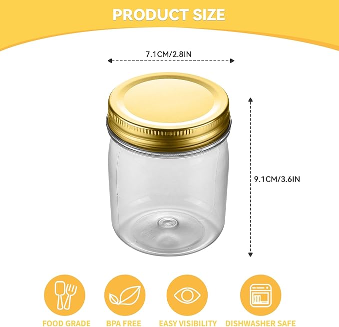 novelinks 8 oz Clear Plastic Jars with Airtight Lids, 48 Pack Plastic Mason Jars with Lids 8oz, Refillable Storage Slime Containers & Small Spice Jar for Kitchen Organization (48 Pack,Gold)