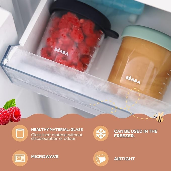 BEABA 2 Pack Glass Baby Food Jars with Soft Silicone Air Tight Lids, 8 oz Glass Storage Containers with Lids, Microwave and Freezer Safe Containers, Sage