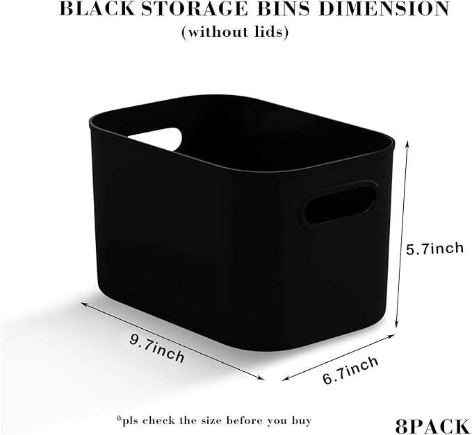 12 Pack Black Storage Bins for Shelves, Plastic Storage Containers for Organizing, Stackable Storage Boxes with Handle, Black Storage Bins for Classroom, Craft, Snacks, Cabinet, 9.7x6.7x5.7inch