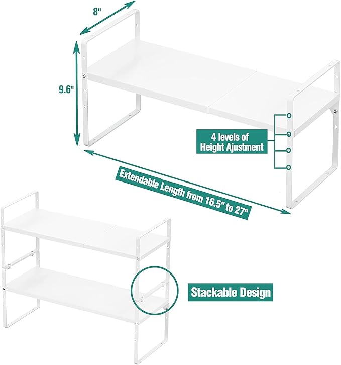 SUZLON Expandable Cabinet Shelf Organizer Rack, Stackable Kitchen Counter Storage Shelves Stand, Adjustable Height Pantry Shelf Spice Rack, Heavy Duty Nonslip White Small 3Pack