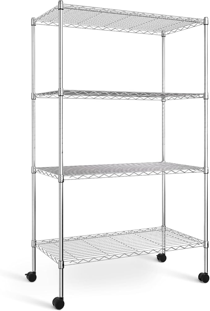 YSSOA Heavy Duty 4-Tier Shelving with Wheels, 35.43" W x 17.72" D x 61.02" H Adjustable Steel Organizer Wire Rack, 1400 Lbs Loading Capacity, Chrome