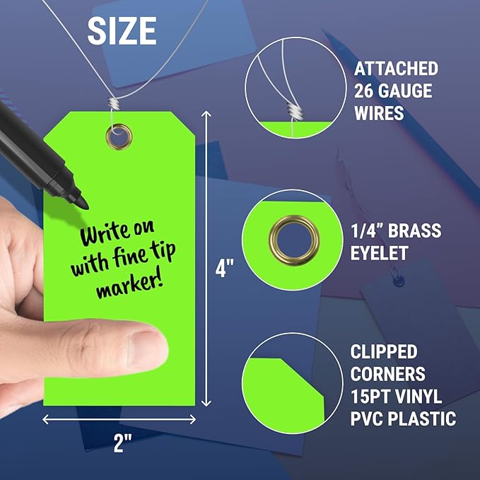 Tags 4 Less 15 Mil Blank Plastic Hang Tags with Attached Wires – 2" x 4" Heavy Duty Waterproof Hanging Labels for Outdoor Tagging, Equipment, Luggage, Valves & More (Fluorescent Green, Pack of 50)