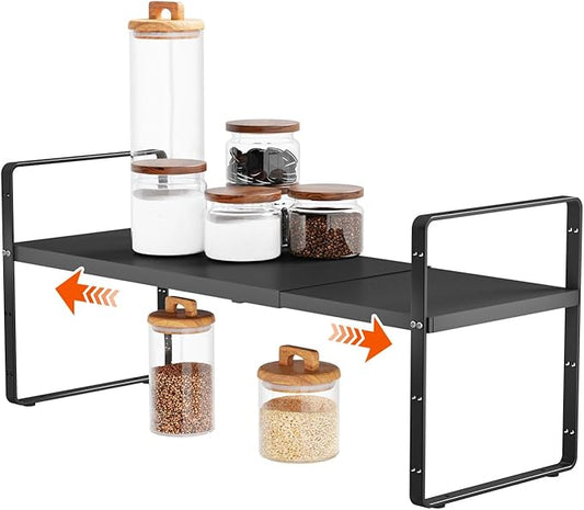 DPZM 16.5-27’’L Expandable Cabinet Countertop Shelf Organizer, Stackable Metal Shelves, Kitchen Organizers and Storage, Black Storage Spice Rack for Pantry and Cupboard