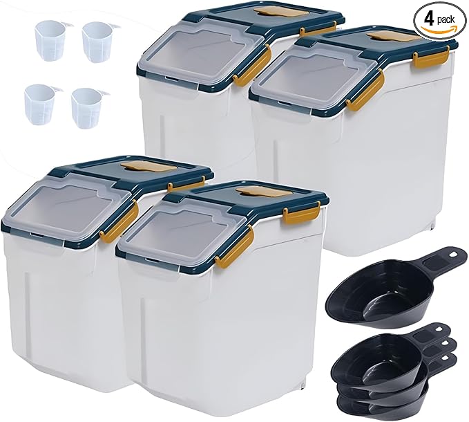 Airtight Rice Container Set 25 lbs, 4 Packs Flour Storage Containers with Wheels Seal Locking Lid, Food Storage Containers BPA Free with Measuring Cup & Scoop for Grain, Rice, Flour (Dark Blue)