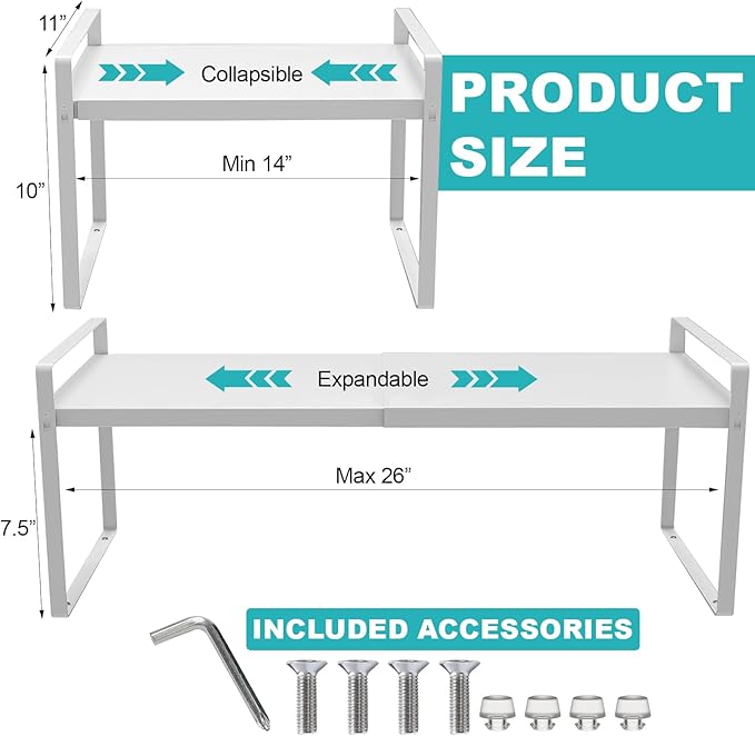 Expandable Cabinet Shelf, Lengths Adjustable Shelf Organizer Riser, Metal Space-Saving Cupboard Organizers for Kitchen Cabinet Pantry Cupboard Under Sink Countertop, White