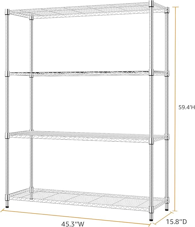 5-Shelf Storage Shelves,Wire Shelving Heavy Duty Metal Storage Shelving Unit Adjustable Garage Shelving Rack Pantry Kitchen (Chrome, 4 Tier,15.8" D x 45.3" W x 59.4" H)