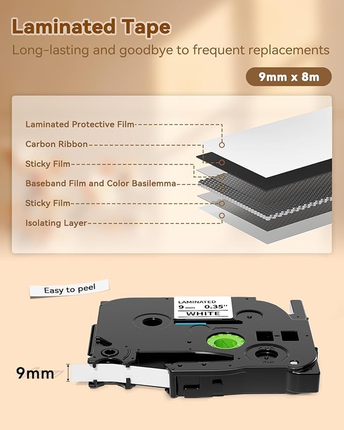 TZe-221 TZe221 TZe TZ Tape 9mm 0.35 Laminated White Replacement for Brother Label Maker Tape 9mm P Touch Label Tape, Compatible with Brother PT-D220 PT-D210 PT-H110 PT-1890, 3/8 Inch, 5-Pack