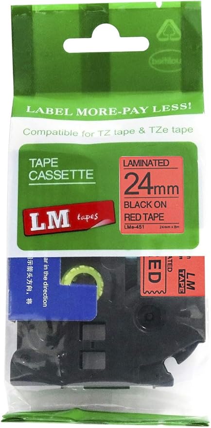 1/Pack LM Tapes - LMe451 Premium 1" Black Print on Red Label Compatible with Brother TZe-451 P-Touch and Includes Tape Color/Size Guide. Replaces TZ-451 24mm 0.94 Laminated Ptouch.