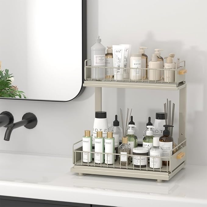 HOMEBOSILY Under Sink Organizer, Pull Out Kitchen Cabinet Organizer 2 Tier Slide Out Under Sink Organizers and Storage, Sink Shelf Cabinet Storage Shelves for Kitchen Bathroom Pantry, Grey