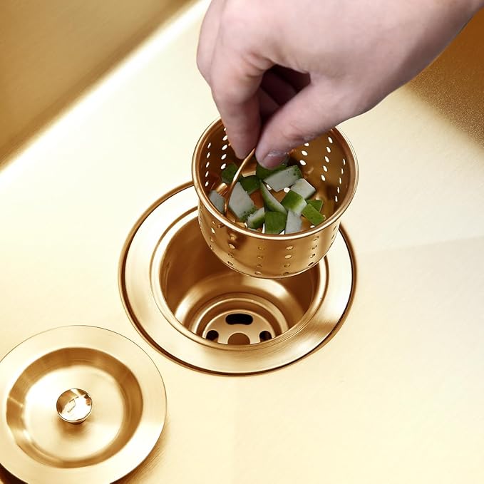 POPFLY 3-1/2 Inch Sink Drain Assembly Brushed 304 Stainless Steel Removable Deep Strainer Basket, Rust-Proof & Easy Install with Sealing Lid＆Tailpiece, for Home/Bathroom/Commercial Sinks, Gold