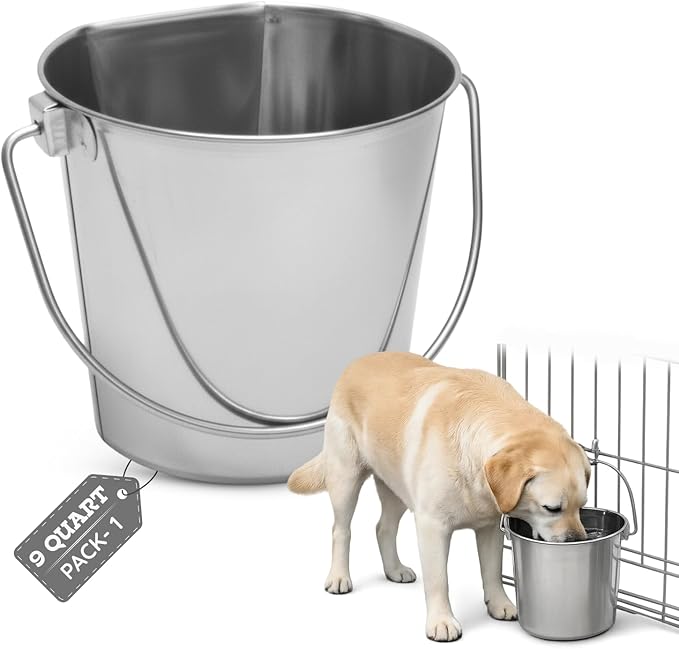 9 quart Stainless Steel Flat Side Bucket | 2.25 gal Durable Heavy Duty Food & Water Feeding Pails for Dog Goat Sheep horse | Fits kennel Cage Critter Crate Hanging Pet Pail | Multipurpose