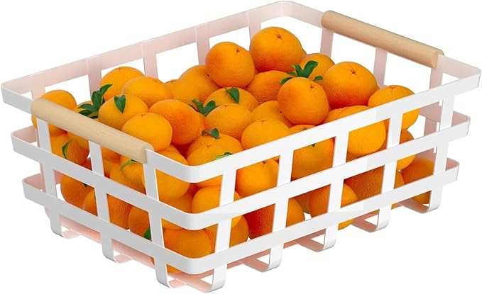 Large Metal Pantry Storage Baskets,4 Packs Farmhouse Baskets,Food Organizer Storage Bin Basket with Wood Handles for Kitchen Cabinets Shelf Pantry,White