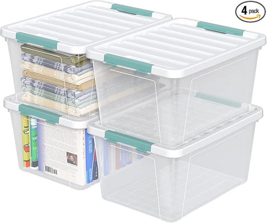 35 Quart Plastic Storage Bin with Lid, Large Clear Latch Storage Box, 4-Pack