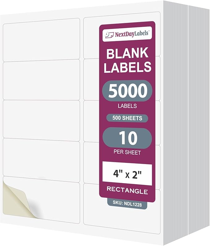 NextDayLabels 4x2 Inch Rectangle Stickers White Blank Labels for Laser Inkjet Printer - 10 Per Sheet Self-Adhesive Product Barcode Inventory Made in USA - 5,000 Labels