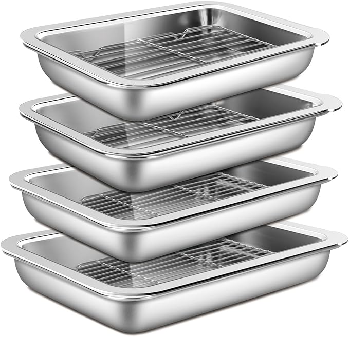 Stainless Steel Food Prep Pan Set with Rack & Transparent Lid, Casserole Dish, Roasting Pan for Oven, Buffet or Marination Use(No.3)