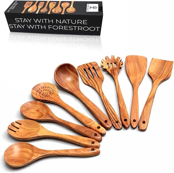 Forestroot 9-Piece Wooden Cooking Utensil Set – Premium Wood Kitchenware for Nonstick Cookware, Heat-Resistant & Durable Wooden Spoons and Spatulas – Eco-Friendly Kitchen Tools for Stirring & Serving
