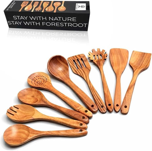 Forestroot 9-Piece Wooden Cooking Utensil Set – Premium Wood Kitchenware for Nonstick Cookware, Heat-Resistant & Durable Wooden Spoons and Spatulas – Eco-Friendly Kitchen Tools for Stirring & Serving